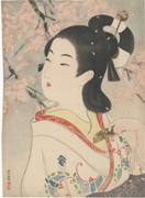 Bijin holding a comb amidst falling cherry blossoms